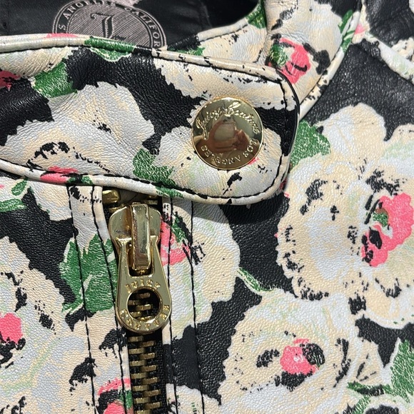 JUICE COUTURE Sz XS Lambskin Peplum Hem Floral Moto Style Jacket Mao Neckline - Picture 8 of 11